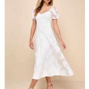 Stunning Sweetest Behavior White Embroidered Puff Sleeve Midi Dress